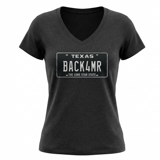 Texas BACK4MR License Plate Ladies V-Neck Tee — Lone Star State Vintage Shirt