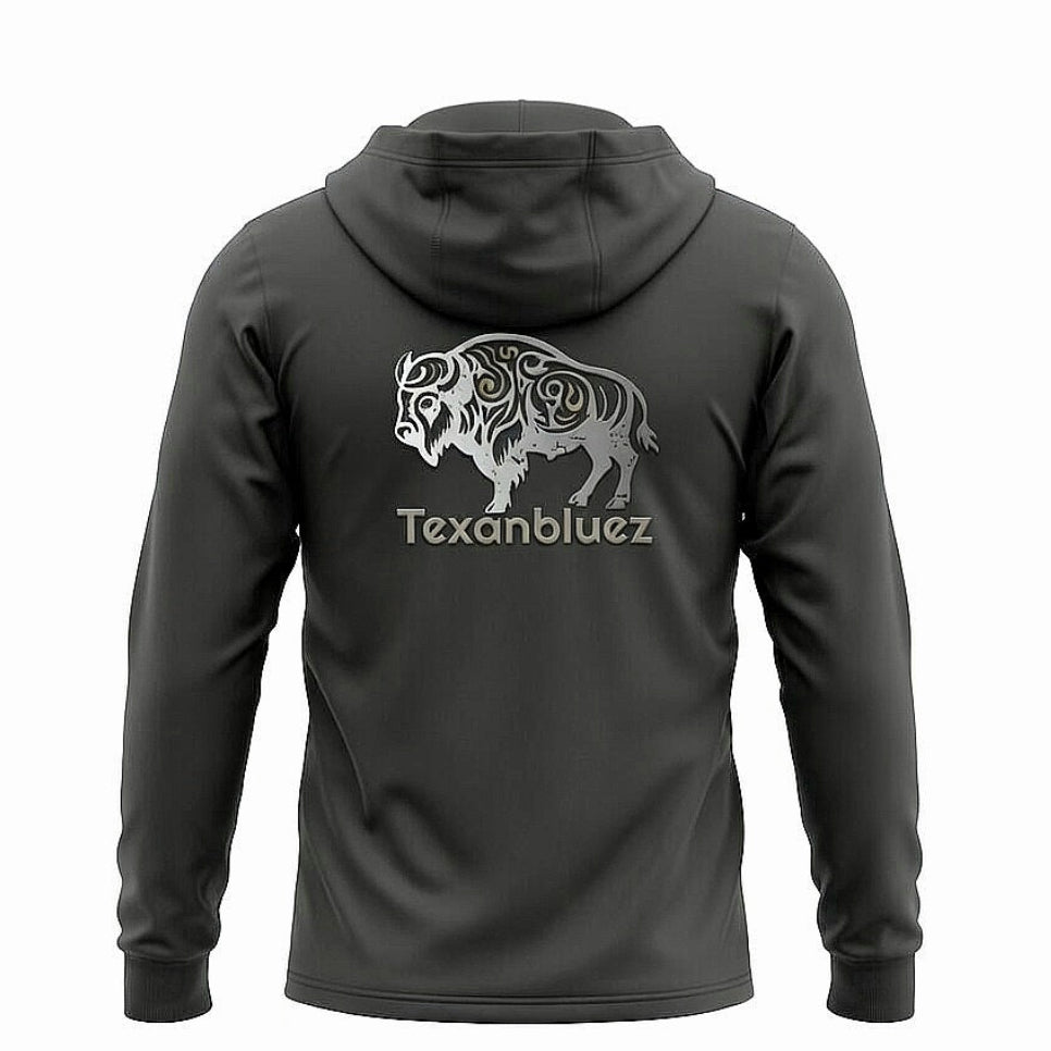 Hoodie Tee — Tribal Buffalo Graphic with "Texanbluez" | Lightweight Long-Sleeve Hooded Shirt