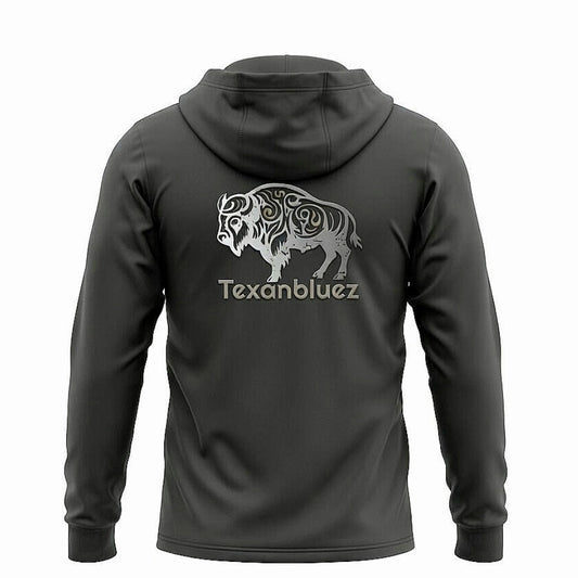 Hoodie Tee — Tribal Buffalo Graphic with "Texanbluez" | Lightweight Long-Sleeve Hooded Shirt