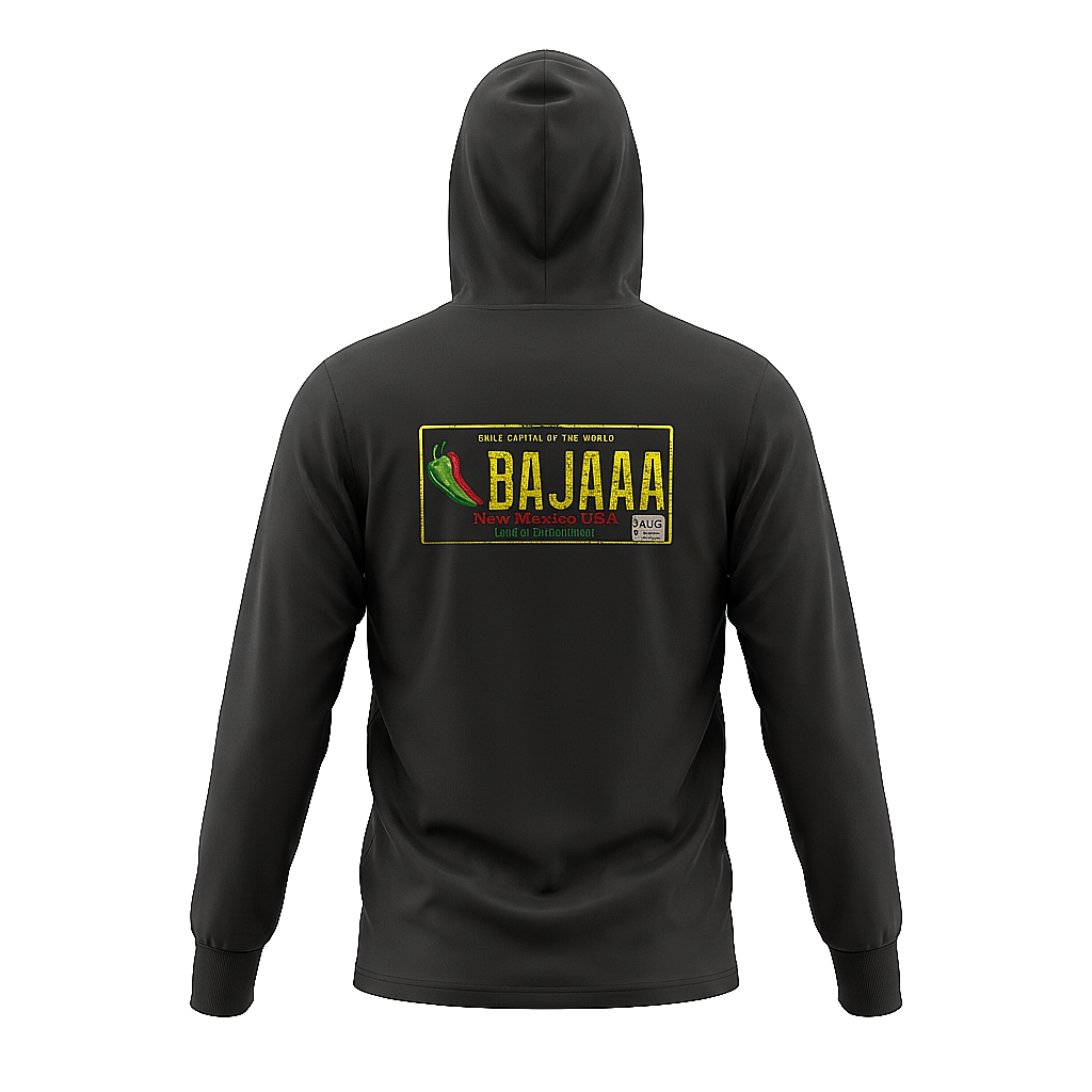 BAJAAA Graphic Hooded Long Sleeve Tee — Retro Chili Pepper License-Plate Design